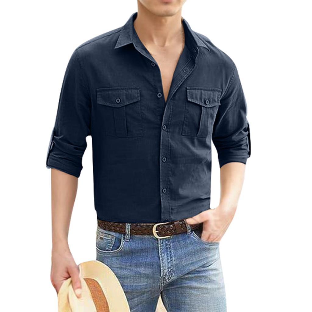 Shirt Double Pocket Cotton Linen Long Sleeve Men's Casual Holiday Shirt