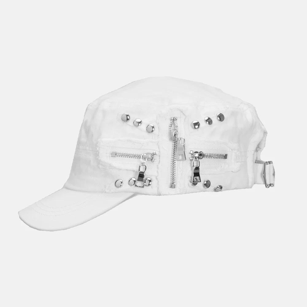 

Vintage Rivet Hip Hop Punk Zippers Baseball Cap Men Women Ripped Hole Distressed Hat Washed Retro Flat Cap белый