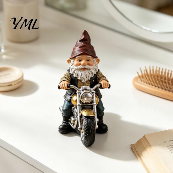 Retro Motorcycle Gnome Ornament Riding Figurine, Motorbike Dwarf Resin Statue Miniature Sculpture, for Home Office Desk Bookshelf Decor