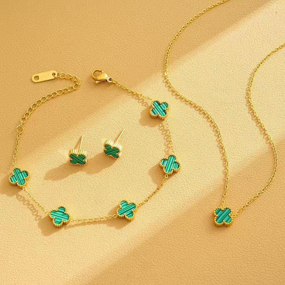 Titanium Steel 9mm Small Four-leaf Clover Bracelet Necklace and Earring Set Colorfast Luxury Jewelry