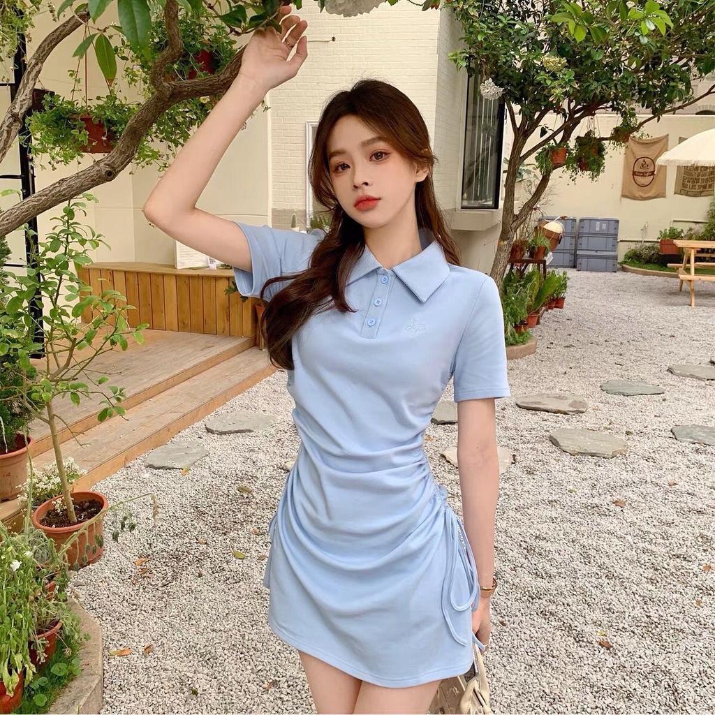 Pure desire style POLO collar dress women's 2026 spring and summer new drawstring straps slim and thin short-sleeved skirt