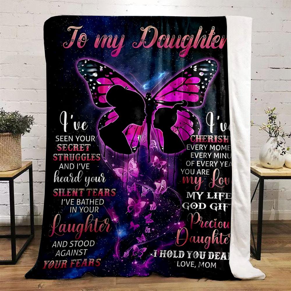 A pink butterfly and silhouettes with heartfelt text on a cosmic background. for all seasons blanket lunch break throw gift