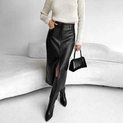 Jupe Rétro Automne Hiver Faux Cuir Jupe Taille Haute avec Fentes Latérales Couleur Unie Coupe-vent Jupe Midi