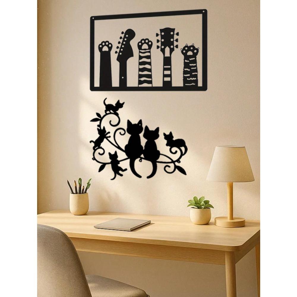 Vintage Guitar & Cat Metal Wall Art Decor Set, Two-Piece Sculpture for Modern Home Accent, Living Room, Bedroom, Waterproof Rustproof Iron Art