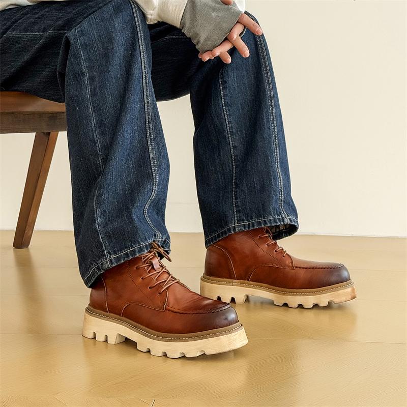 

High top leather shoes Trendy men s thick soled autumn and winter styles Outdoor Street Daily party Classic retro boots 44 чёрный