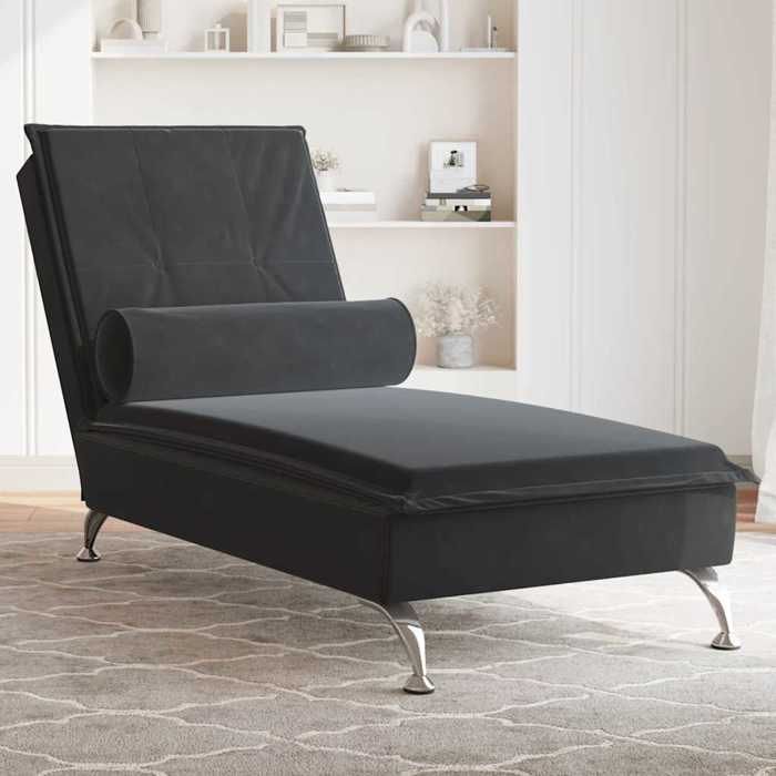 VidaXL Massage Chaise Longue with Bolster Black Velvet, Long Sofa Chair, Bedroom Chaise Lounge, Chair of 379455