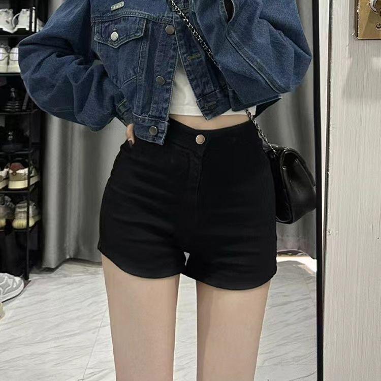 

American Retro Slimming Denim Shorts for Women - Patchwork, Adjustable Buckle, Hip-Lifting, Trendy Summer Style. Small чёрный