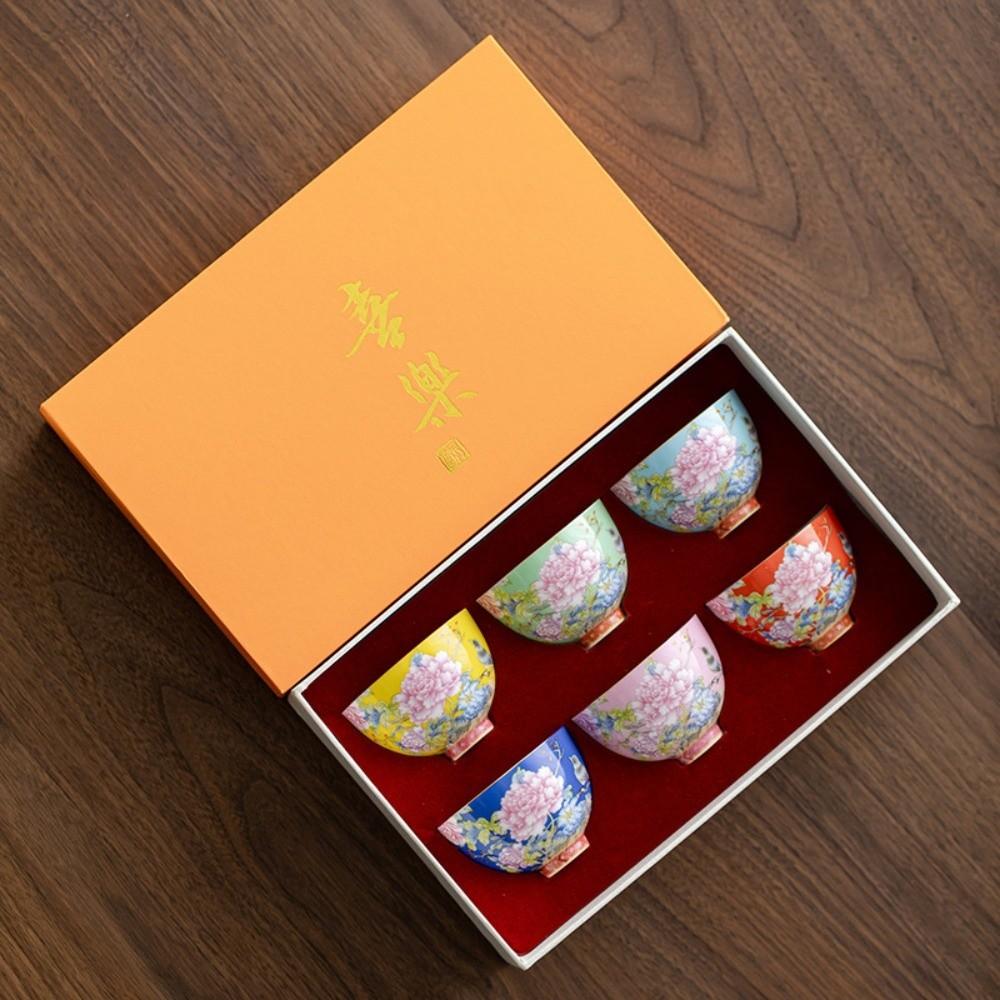6pcs/set Flower Ceramic Cup Chinese Style Enamel Cup Kung Fu Tea Set Tea Cup  Personal Use