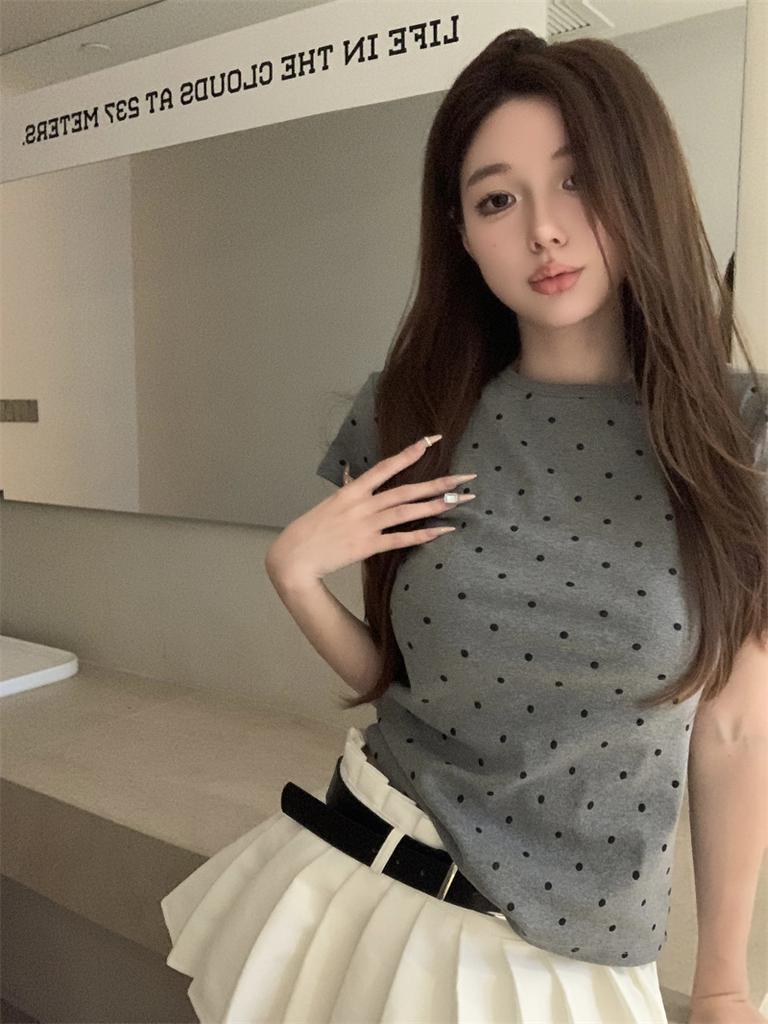 Korean Polka Dot Printing Round Neck Front Shoulder Short-sleeved T-shirt Women's Summer New Slim and Thin Versatile Top Trend