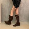 Retro Pleated Belt Buckle Women High top Fashion Thick Heels Pointed Toe Autumn Winter Slip on Long Botas Para Mujer