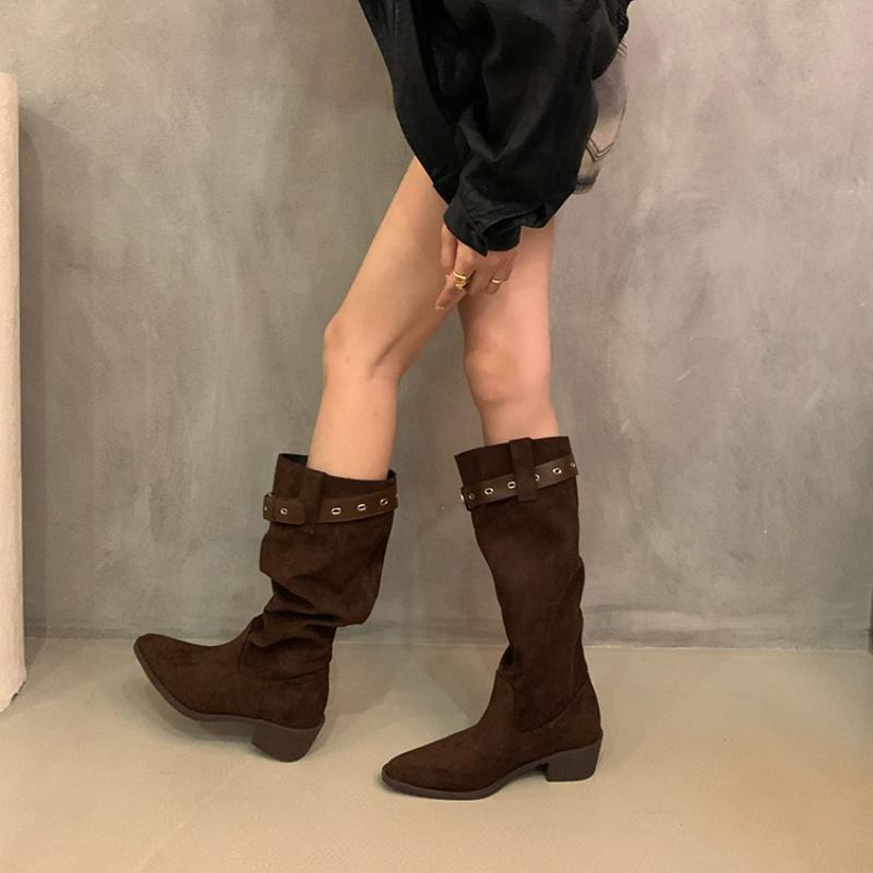 Retro Pleated Belt Buckle Women High top Fashion Thick Heels Pointed Toe Autumn Winter Slip on Long Botas Para Mujer