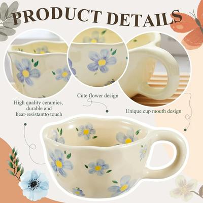 Hand-Pinched Ceramic Coffee Mug, Korean Style Floral Milk Tea Cup, Artisan Breakfast Drinkware, Unique Irregular Design