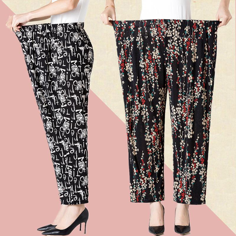 XL-8XL Damesbroek Ouderen Zomerbroek Losse Negende Broek Rechte Broek Moeder Bloemenbroek Dikke Oma's Broek
