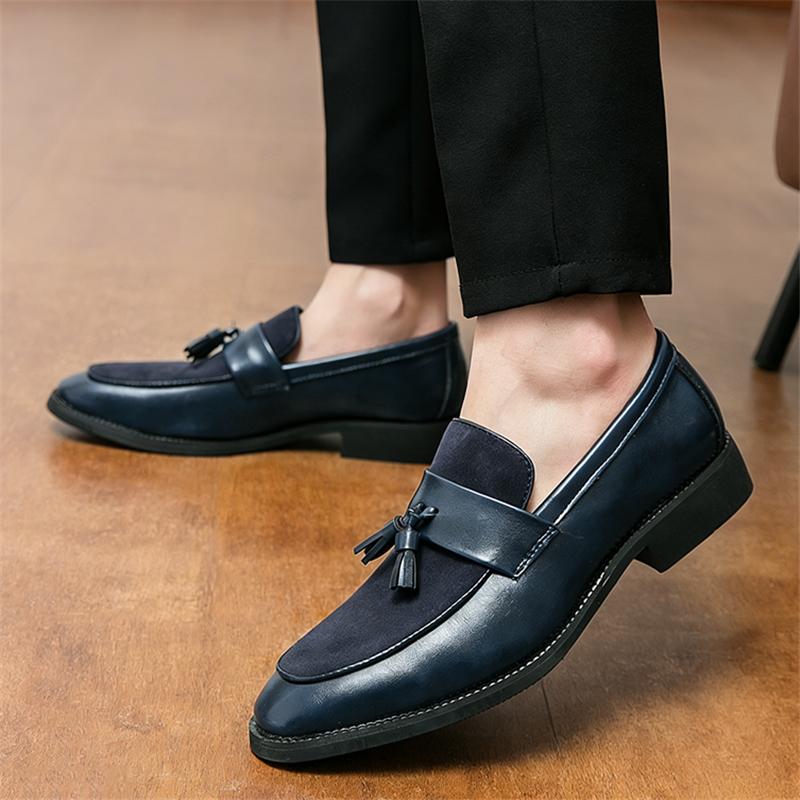 Pointed Toe Suede Patchwork Tassels Casual Dress Homecoming Shoes for Men Brand Designer Male Formal Wedding Loafers Footwear