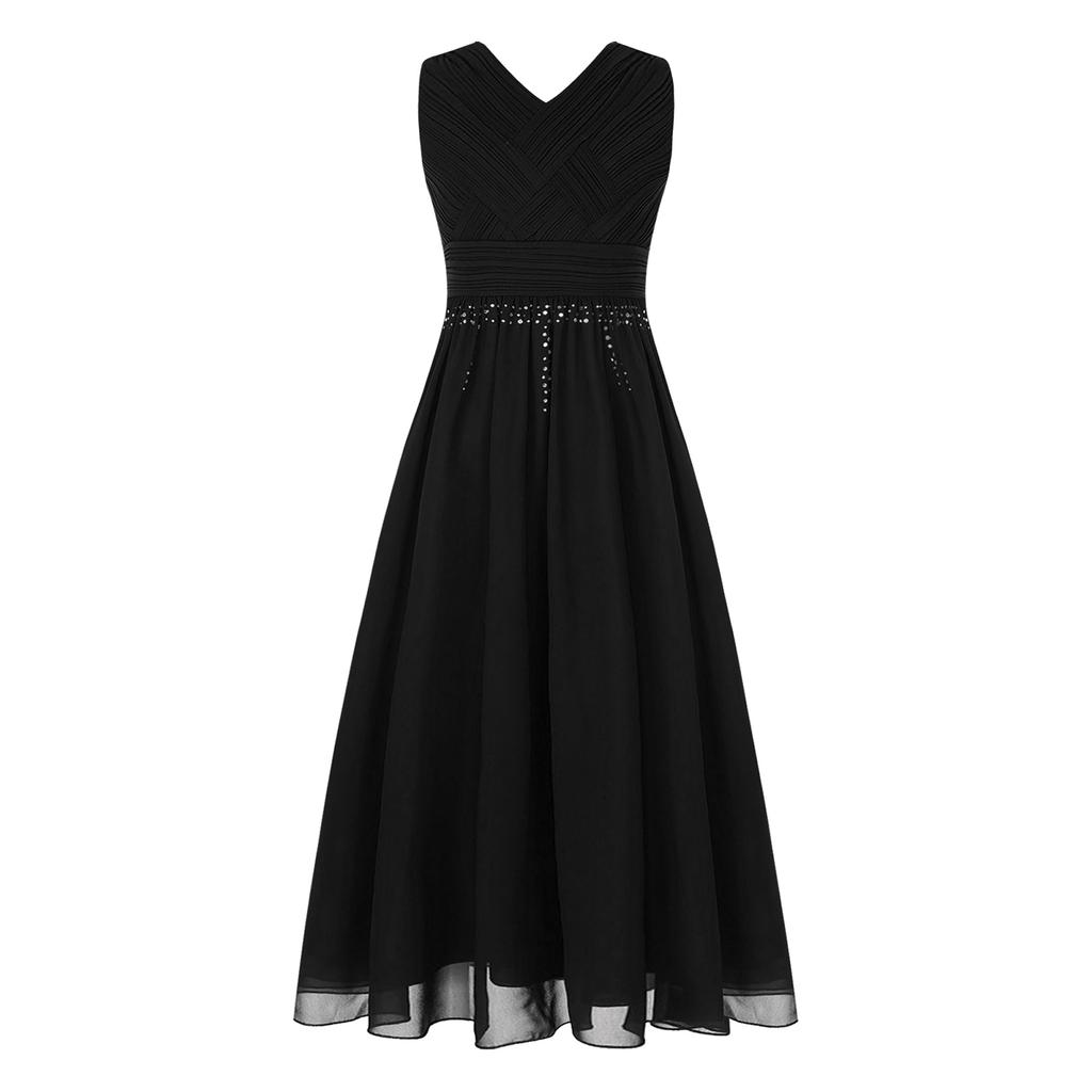 Glänzendes gerafftes verwobenes Chiffon-Kleid für Mädchen V-Ausschnitt ärmelloses Design Blumenmädchen langes Kleid Hochzeitsfeier Kleid