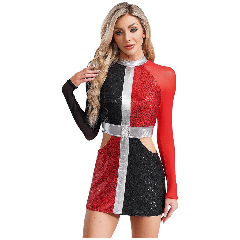 Women‘s 1960s Glitter Sequin Dress Long Sleeve Hollow Out Color Block Mini Sparkle Party Costume for Swinging Night Out