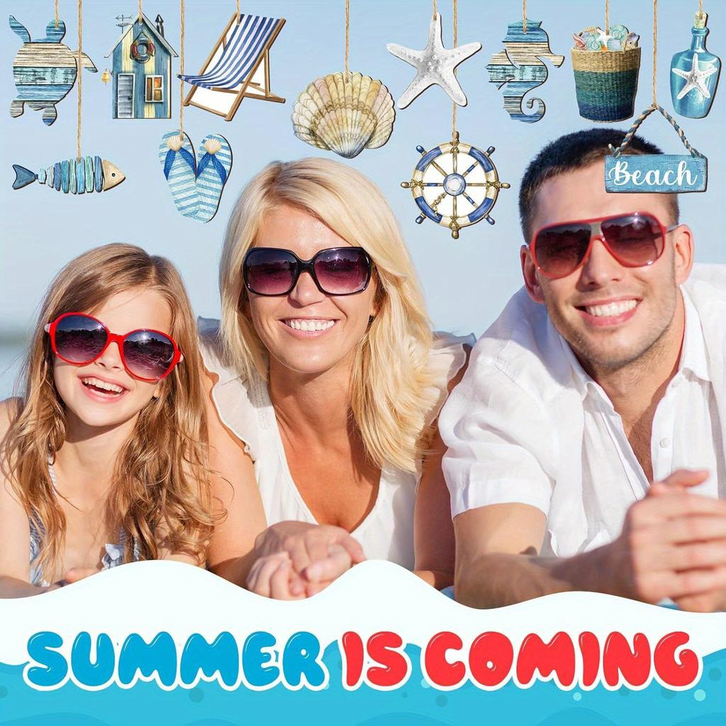 1/12/24/36pcs Summer Beach & Ocean Wooden Ornaments Set - Coastal Hanging Decor with Sea Animals for Home, Tree Parties & More