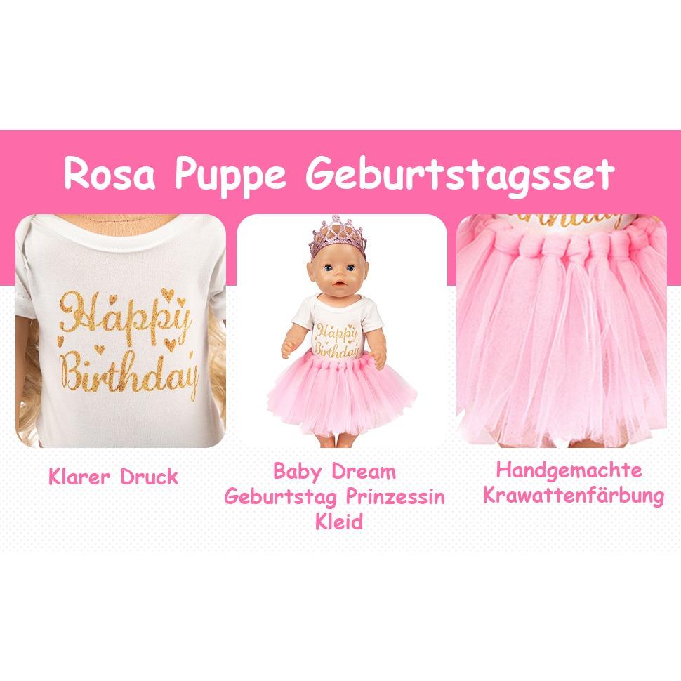 Set of 3 Birthday Doll Pink Clothing Accessories Including Skirt Romper Headband for 43cm / 17Inch Newborn Baby Doll (No Doll)