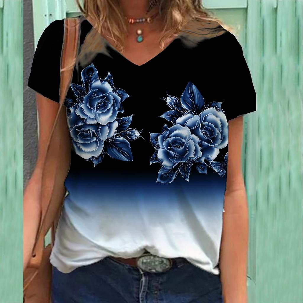 plus size XL-7XL Floral Themed Series 3D Printed T-shirt V-neck 3D Printed Women's Short Sleeved T-shirts Top