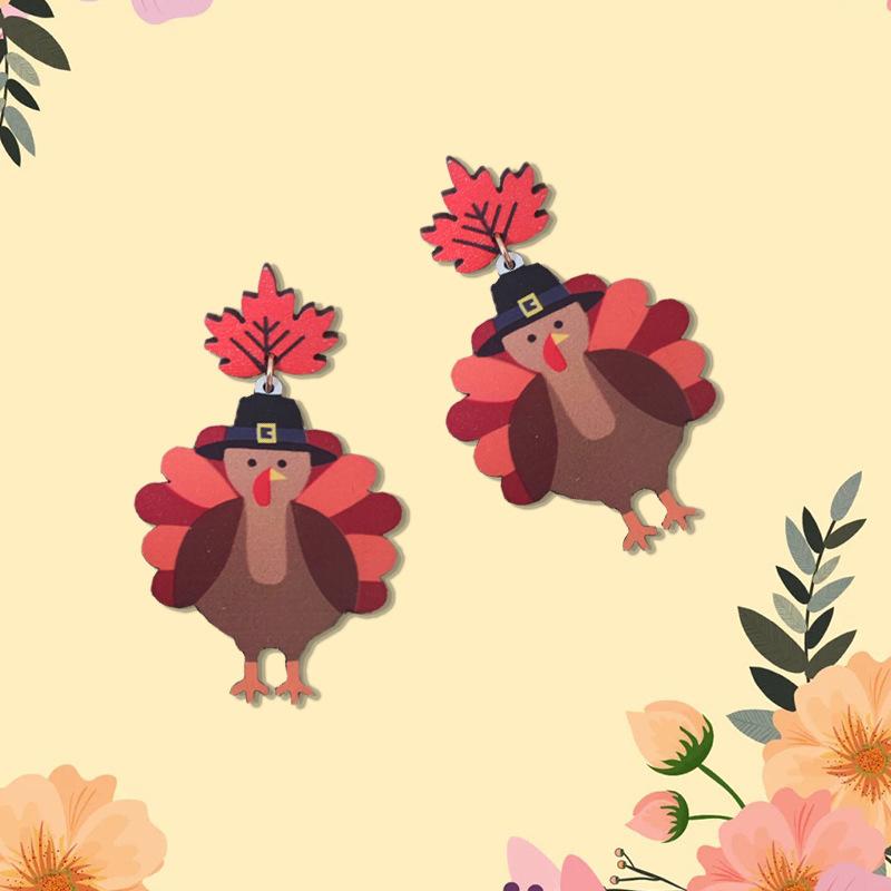 Maple Leaf Turkey Stylish Elegant Retro Thanksgiving Earrings Cute Cartoon
