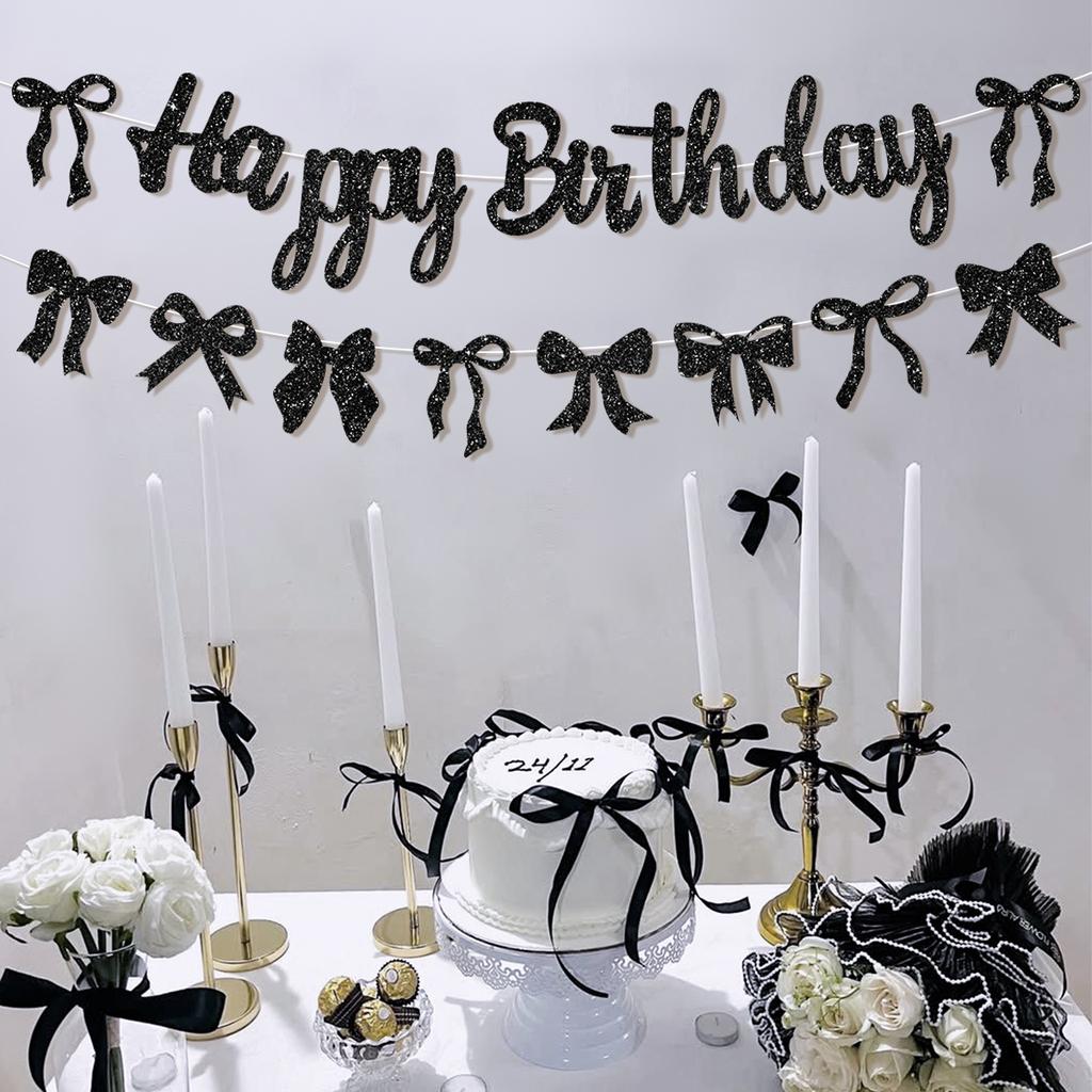 Black Bow Birthday Flag Banner Happy Birthday Party Decor Kids Adults Hanging Banner Photo Backdrop Wedding Baby Shower Supplies