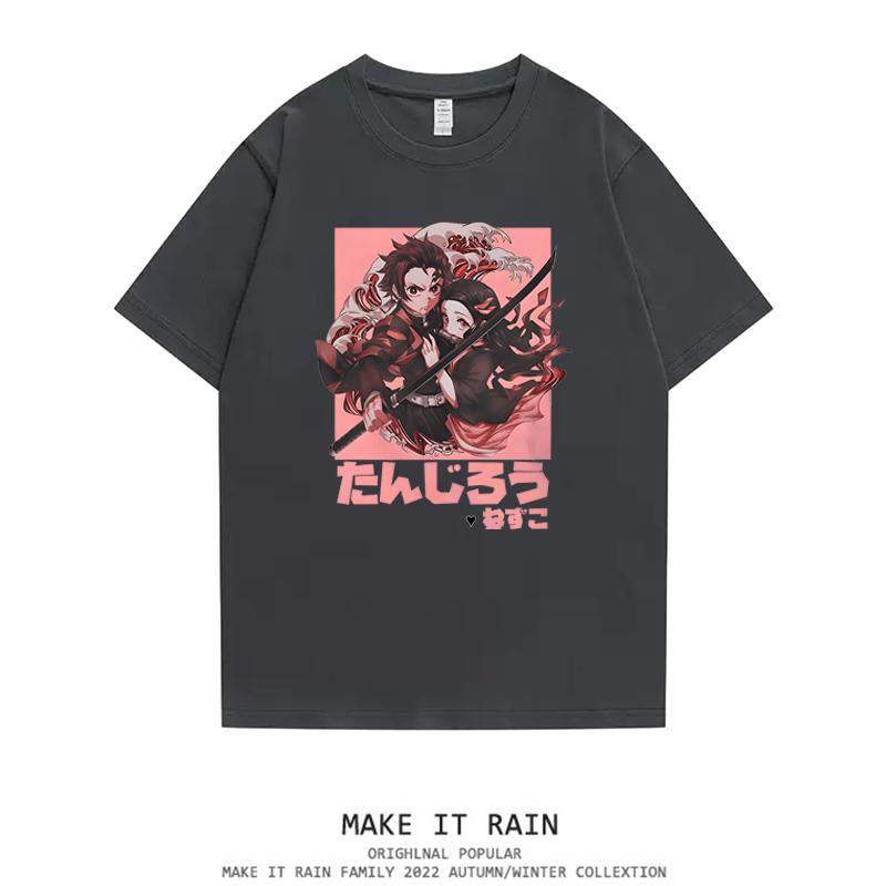 Ghost Exterminating Blade Two Dimensional Animation Peripheral Fun Men's and Women's Crew Neck Retro T-Shirt Summer Clothing