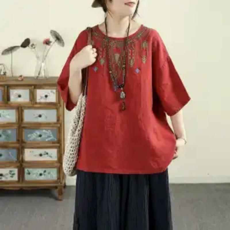 Women's Red Linen Blend Half Sleeve Blouse Ethnic Embroidery Loose Fit Casual Top