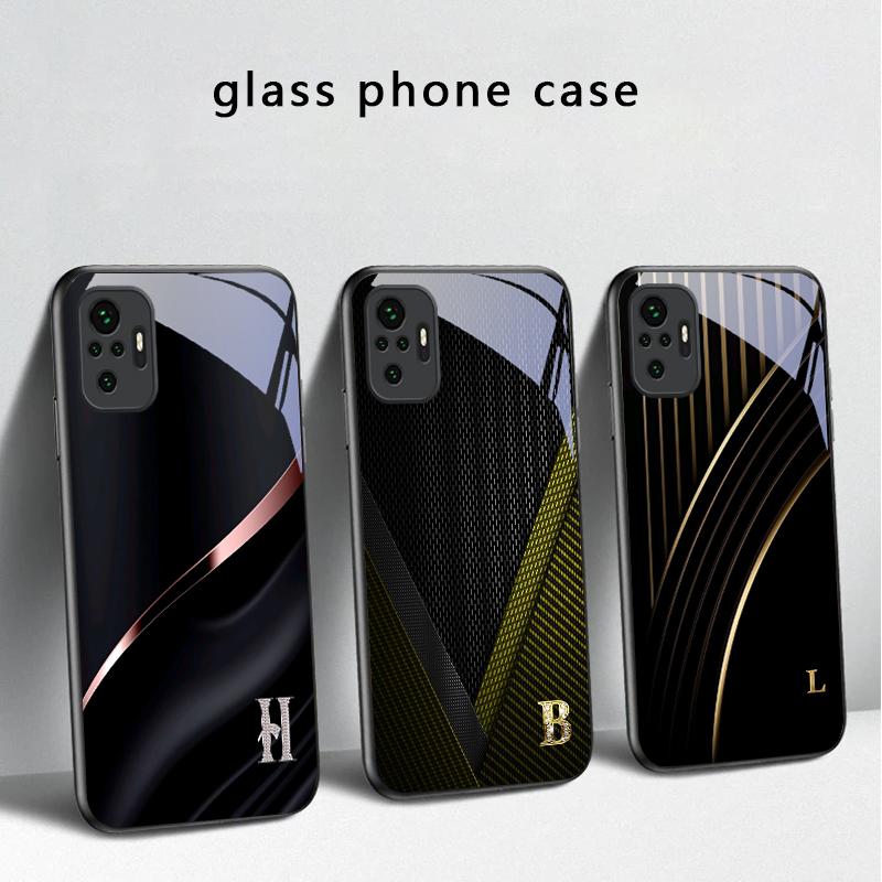 Elegant letter 'S M R' For Redmi Note 14 Pro+ 13 Pro 8 9 9S 12S 10 Pro 11 12 13C 14C A3 12 13 K60 Ultra Black Glass Phone Case