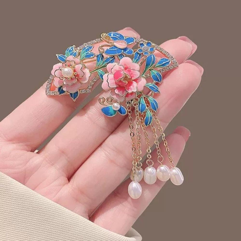 Anti-exposure Pink Peony Flower Brooch Chinese Style Tassel Fan Brooch Jewelry Accessories