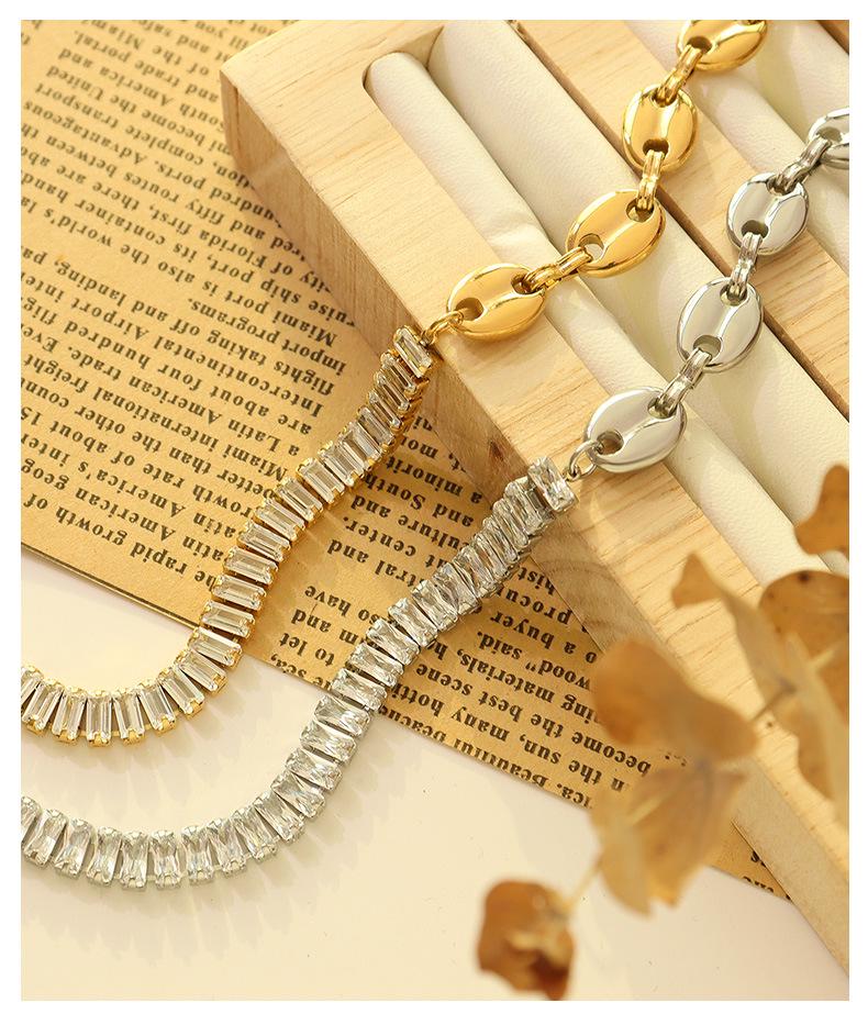 Geometric Zircon Pig Nose Spliced Bracelet & Necklace Set - European/American Nude Chain, Non-Fading P196-E009