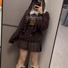 JK Uniform Plaid Skirt & Knit Cardigan Set - Brown Autumn/Winter School Style