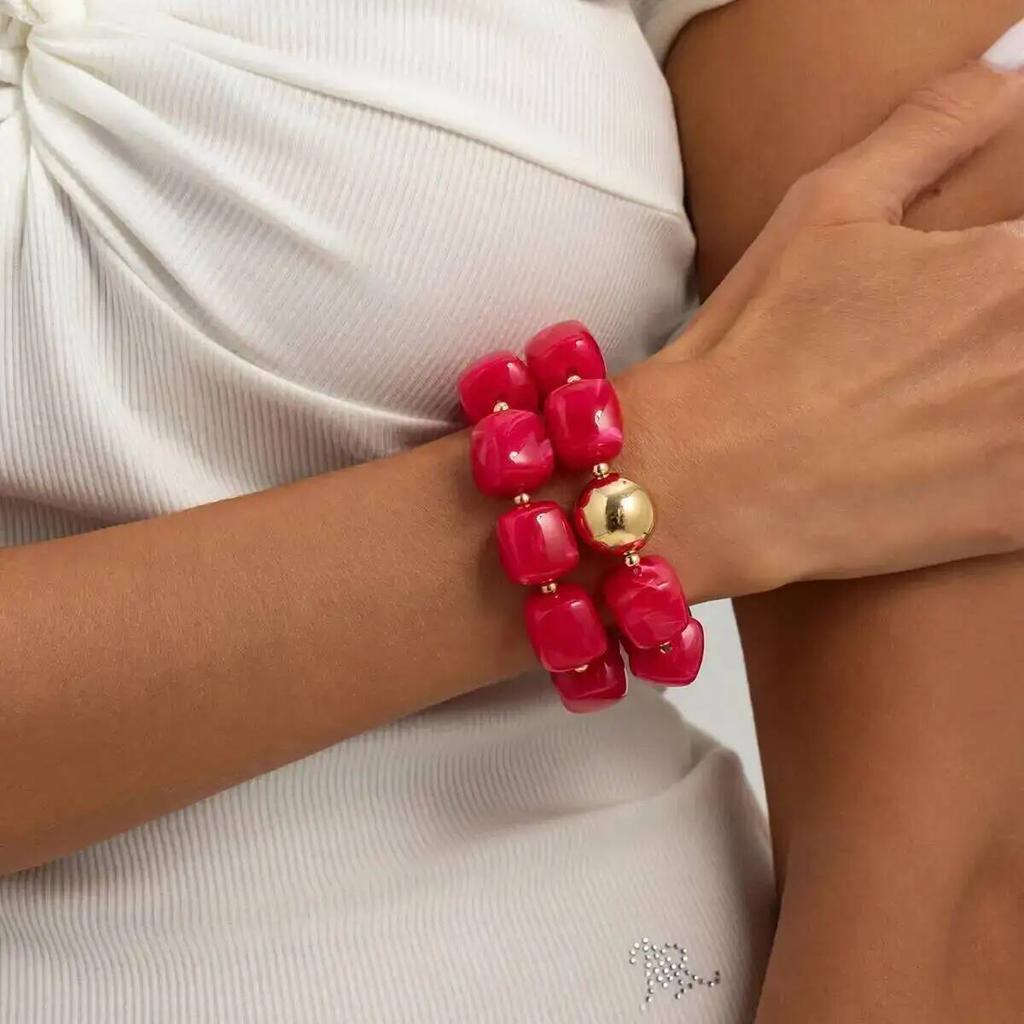 KunJoe Exaggerated Geometric Colorful Beaded Acrylic Elastic Bracelets Women Boho Trendy Square Beads Stack Bangle Retro Jewelry