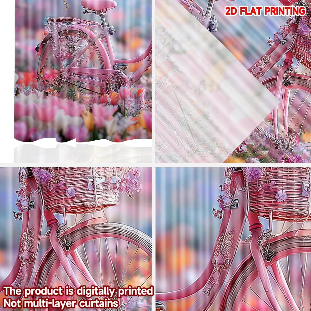 Flat Printing Happy Valentine Day Scene Curtain Pink Bicycle Tulips Digital Printed Polyester Drapes Holiday Curtains Set Of 2 Made