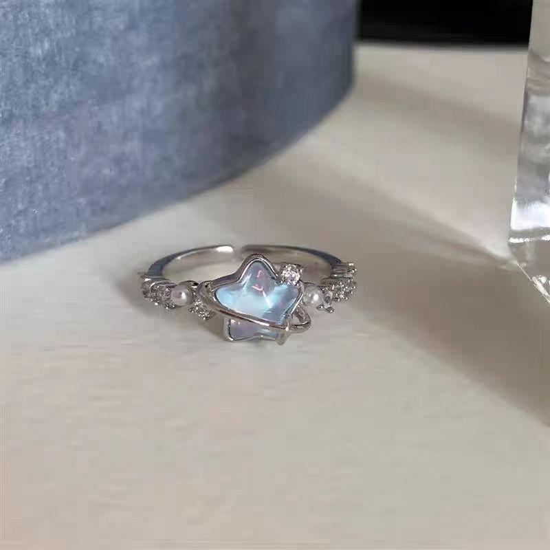 Süßer Blauer Traum Gelee Schale Harz Stern Ring für Frauen Mädchen Metall Seestern Perlen Fingerring Ozean Thema Schmuck Accessoire
