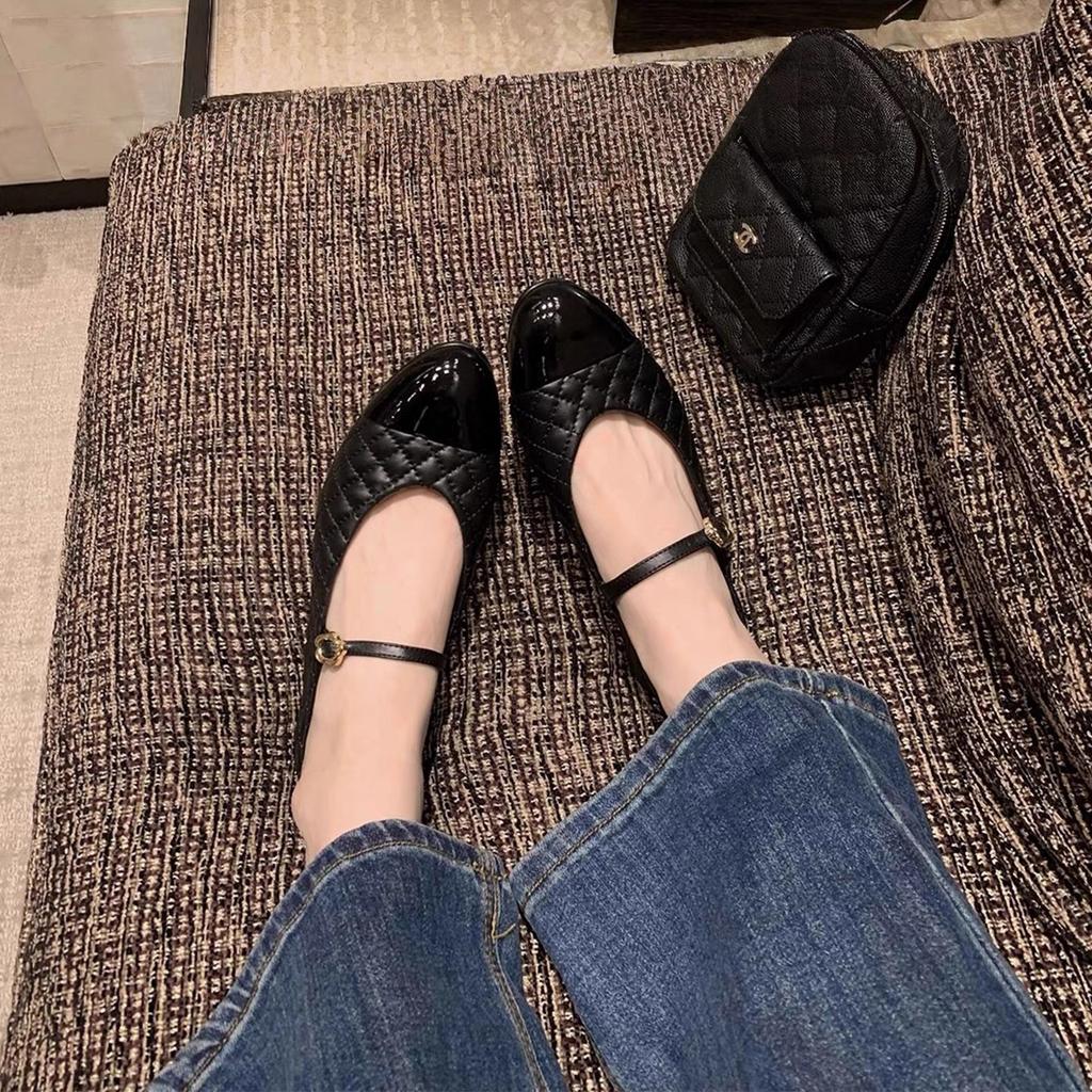 Sheepskin Version Grape Ma Same Small Fragrant Style Leather Round Head One-word Buckle Belt Rhombus Low Heel Mary Jane Shoes Women's Single Shoes