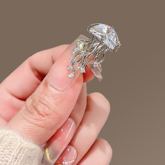 Women Brooch Blue Faux Crystal Jellyfish Shape Lapel Pin Suits Coats Bags Scarves Badge Versatile Accessory