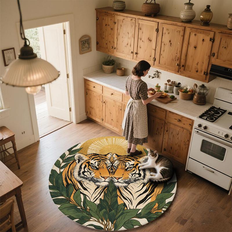 Leaf Tiger,Round Area Rug,Carpet Rug for Living Room Bedroom Sofa Playroom Decor,Non-slip Floor Mat