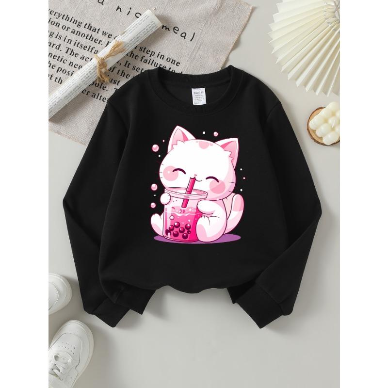 European Sizes Kids Sweatshirts, Girls' Autumn Winter Cute Cat Pink Bubble Tea Print Long Sleeve Round Neck Sweatshirt, Casual Daily Wear.