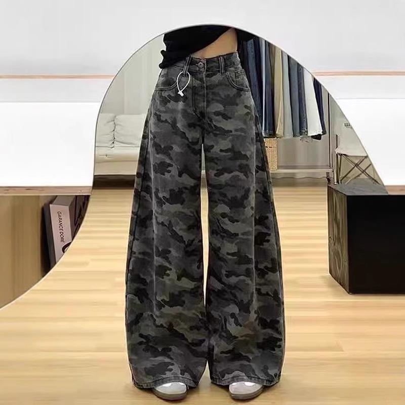 

Жіночі джинси з високою посадкою, камуфляжні, широкі штанини - Ретро стиль Гонконгу, вільний крій, довжина до підлоги, що роблять стрункішою S