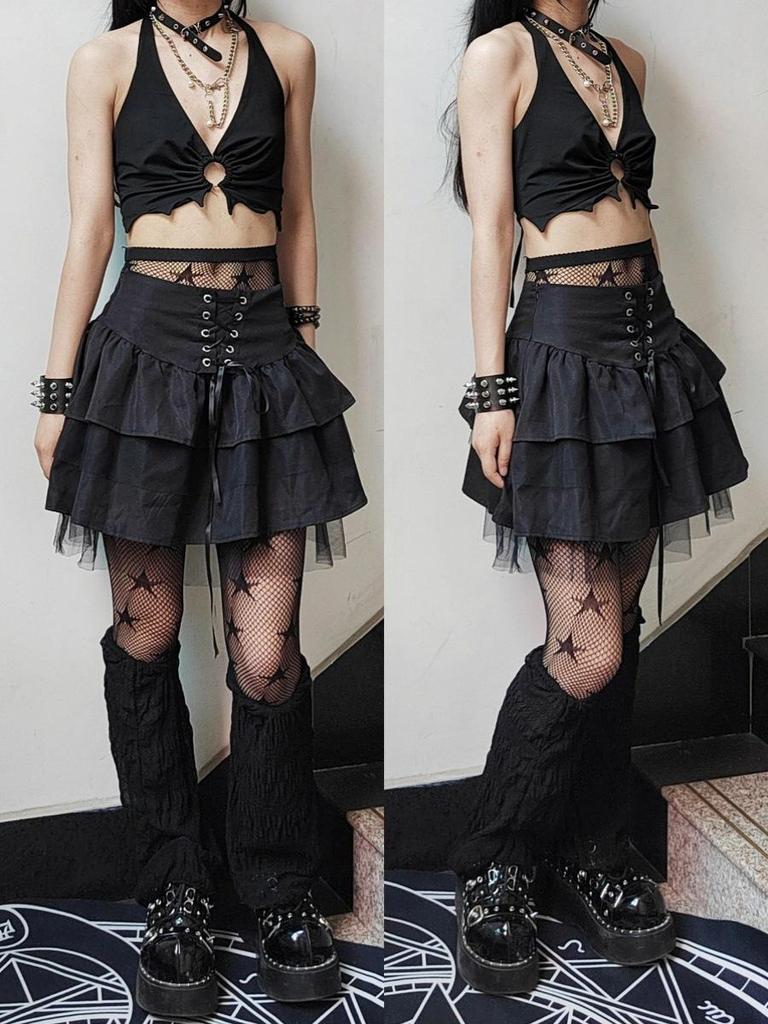 Puffy Cake Skirt: Women's High Waist Y2K Lace-up Slimming Short Skirt (Dark) European & American Style