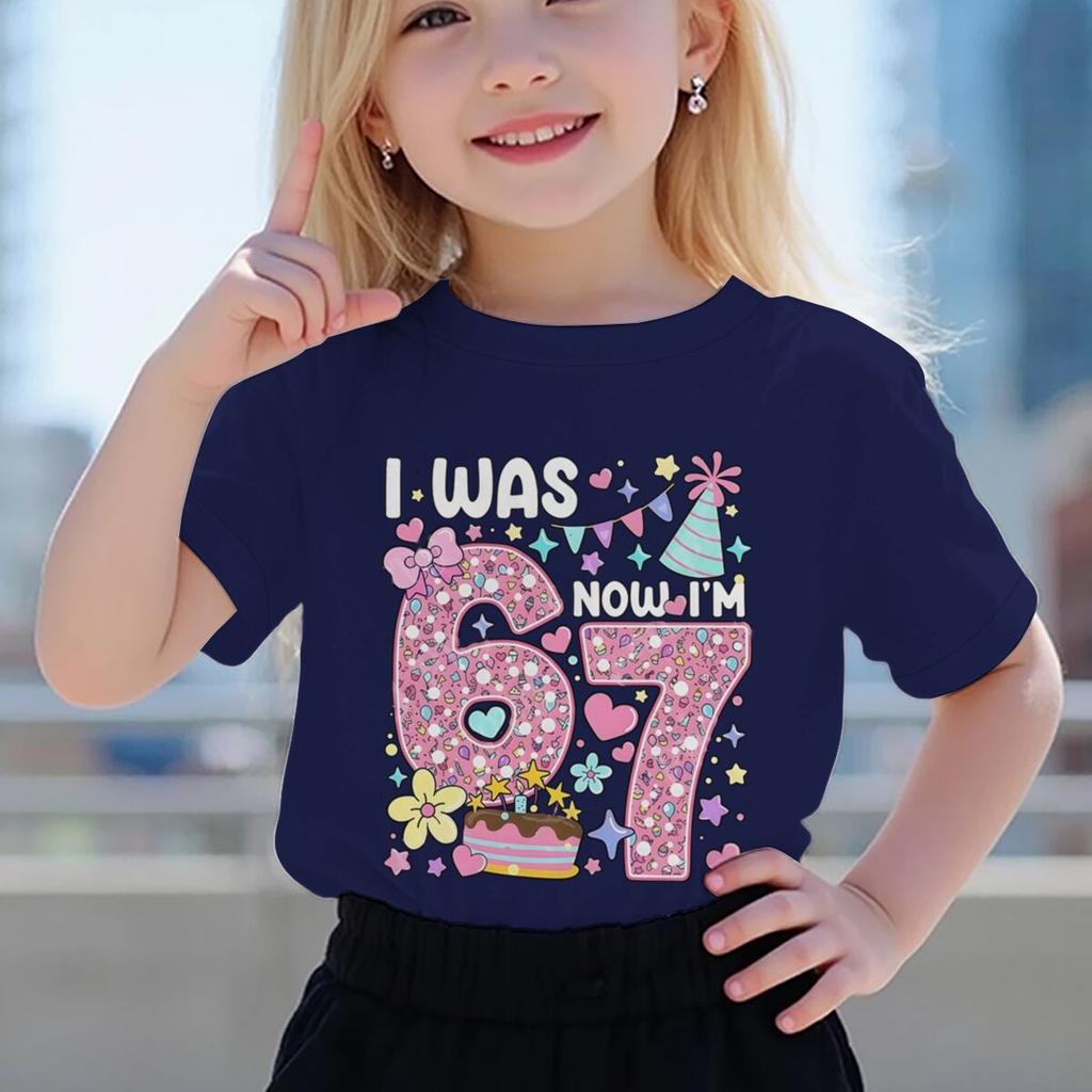 Girls I Was 6 Now I'm 7 T-shirt 7th Birthday Shirt Round Neck Short Sleeve Cotton Tee Age 7 Outfit Number Print Girls Clothes