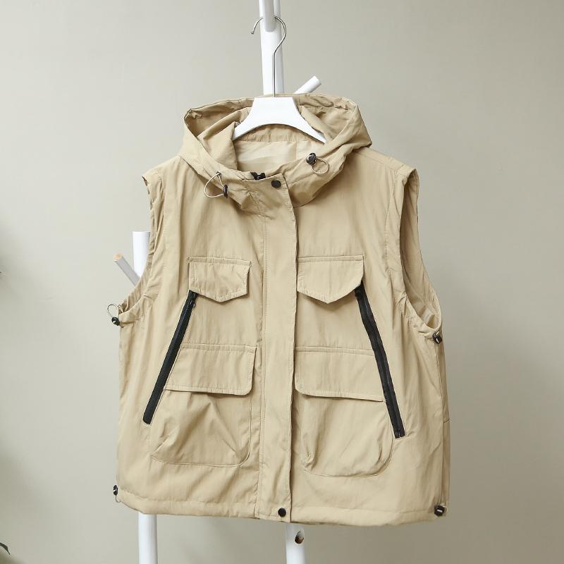 

Dimanaf 2025 Весна безрукавка жилет женские топы новые базовые карманы пальто повседневная однотонная свободная верхняя одежда One Size оранжевый