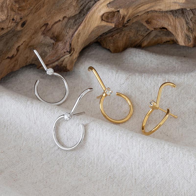 Sweet Little Fairy Earrings Fashionable Versatile Creative Design Sense Geometric Circle C-Shaped Flash Diamond Stud Earrings Wind