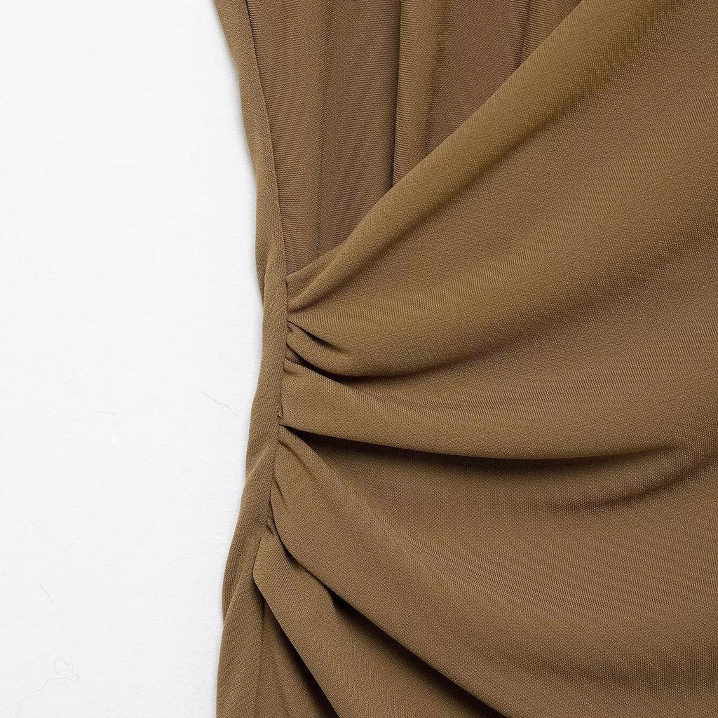 2025 Spring Women's Semi-High Neck Pleated Sleeveless Long Dress