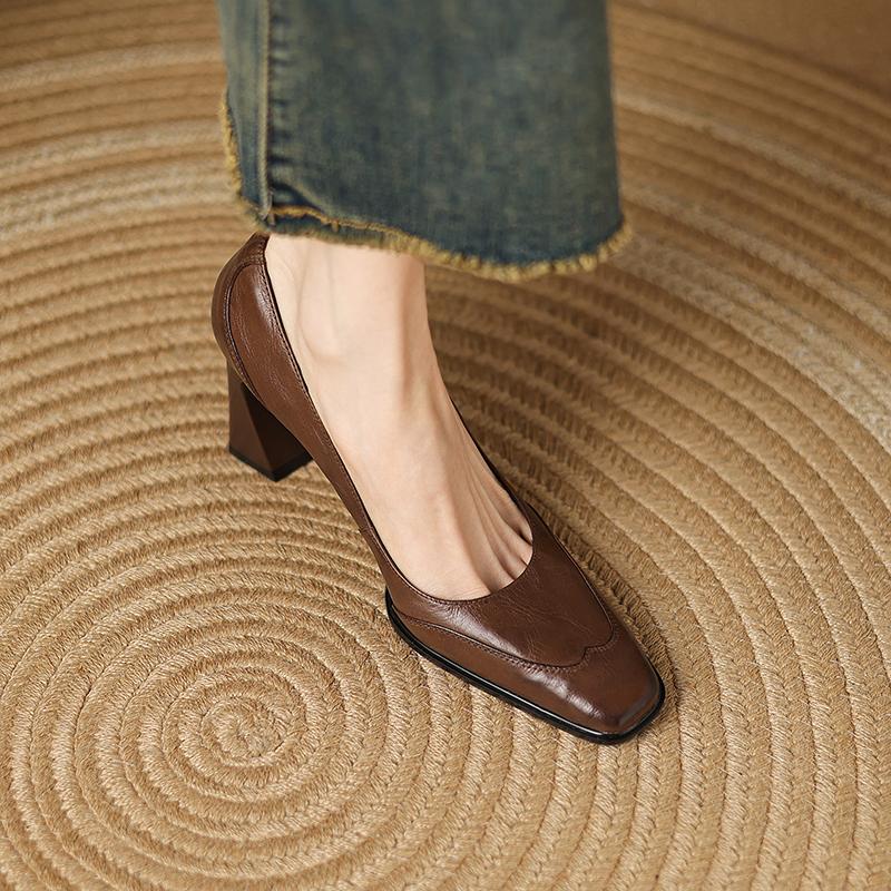 Fashion 2025 New Fashion Women High Quality Cow Leather Pumps Comfortable Thick Heels Slip on Solid Color Dress Party Pumps Shoes Woman