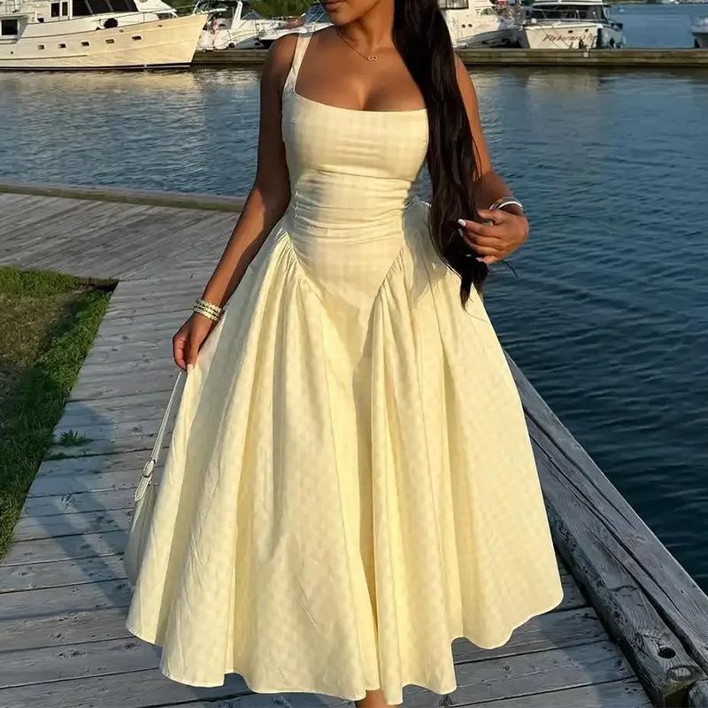 Women's clothing, new spring models in Europe and America, sweet style sub-square neck suspender waist dress
