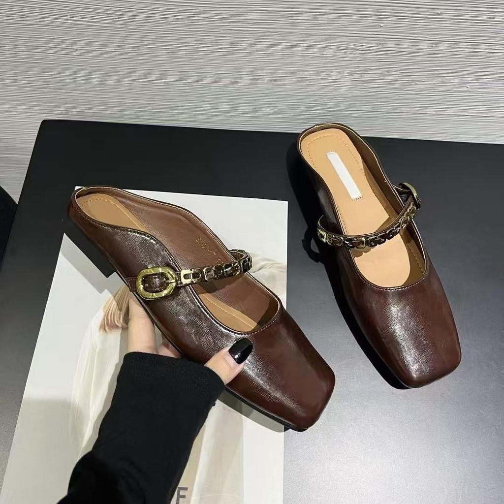 Baotou Half Slippers Women's Summer Outer Wear 2025 Spring and Summer New Flat-bottomed Lazy Muller Slippers Soft-soled Gentle Evening Shoes