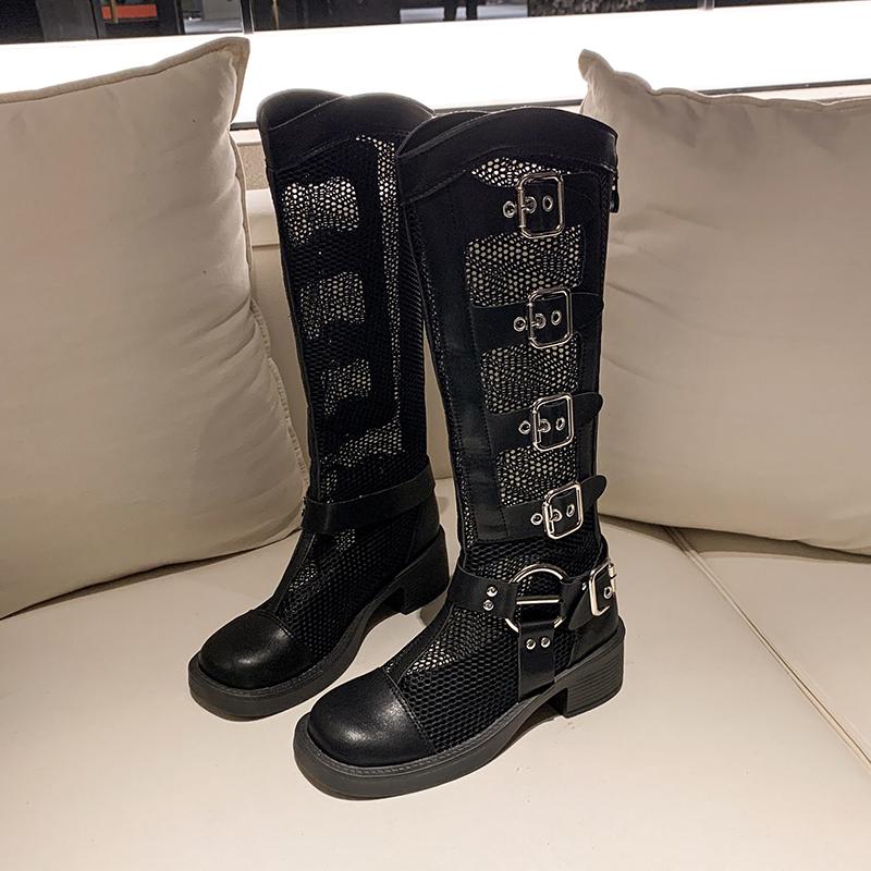 Women's Cool Boots Summer New Round Head Patchwork Mesh Rivets Metal Buckle Back Zipper Soft Soled Mid-heel Shoes