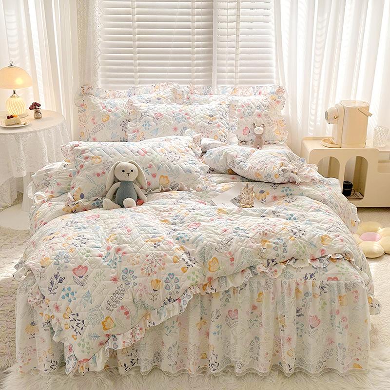 Sábana ajustable acolchada dos en uno, falda de cama, colcha antideslizante de encaje, Funda de colchón