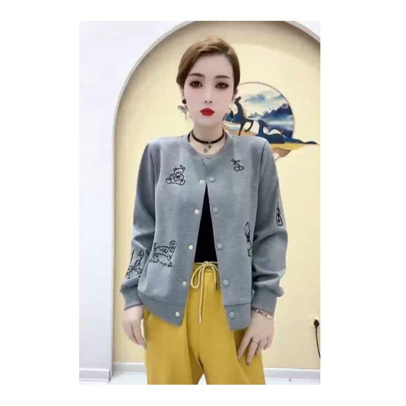 

Virgin Girl Sense Younger Baseball Uniform! Women s Woven Cotton round Neck Single-Breasted Embroidered Positioning Outwear Spring & Fall New Grey L